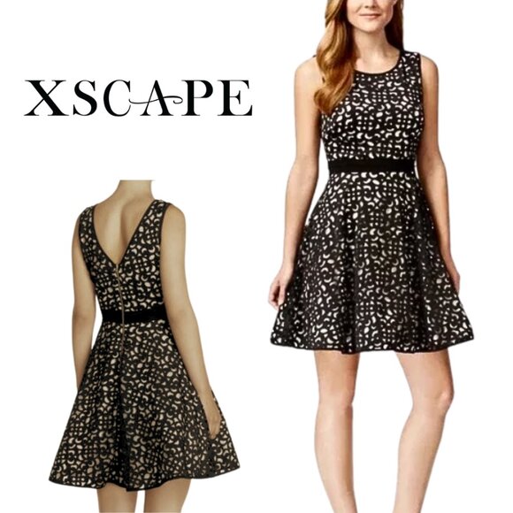 XSCAPE, Laser Cut Fit & Flare Sleeveless Dress, Black, Nude - Picture 1 of 7